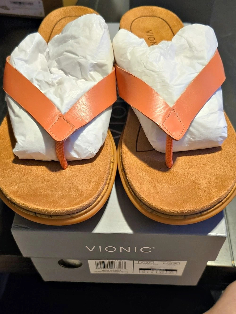 Vionic Daniela Leather Sandals in Coral With Cork Heel NIB